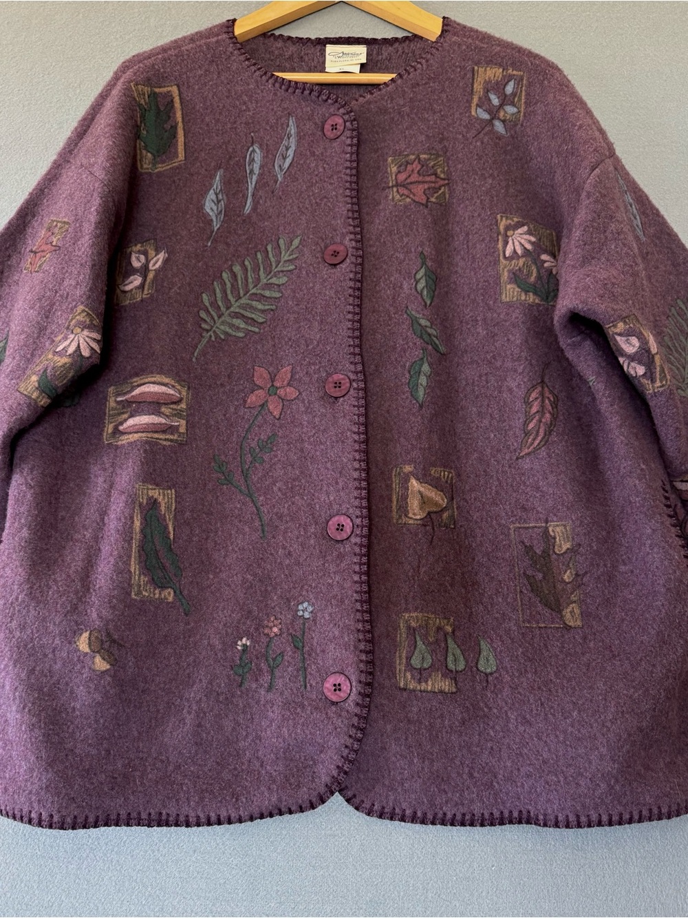 Vintage 90s Artisans Purple Botanical Cardigan Jacket USA Made XL - Picture 4 of 10